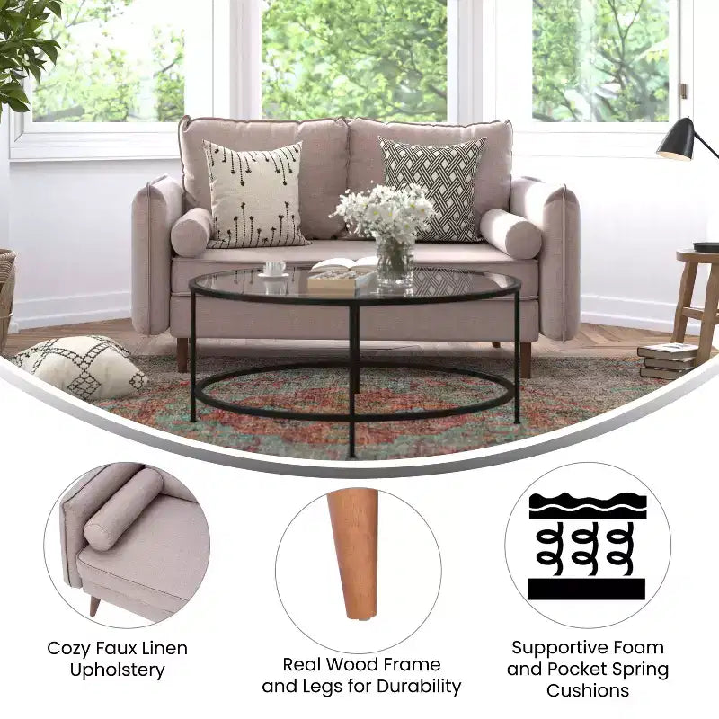 Emma and Oliver Upholstered Mid-Century Modern Pocket Spring Loveseat with Wooden Legs and Removable Back Cushions