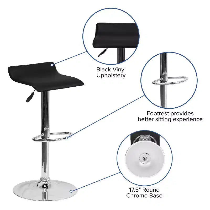 Emma and Oliver 2 Pack Contemporary Vinyl Adjustable Height Barstool with Solid Wave Seat and Chrome Base