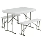 Emma and Oliver Portable Tailgate, Camping or Event Set with White Pop Up Event Canopy Tent with Carry Bag and Folding Table with Benches Set