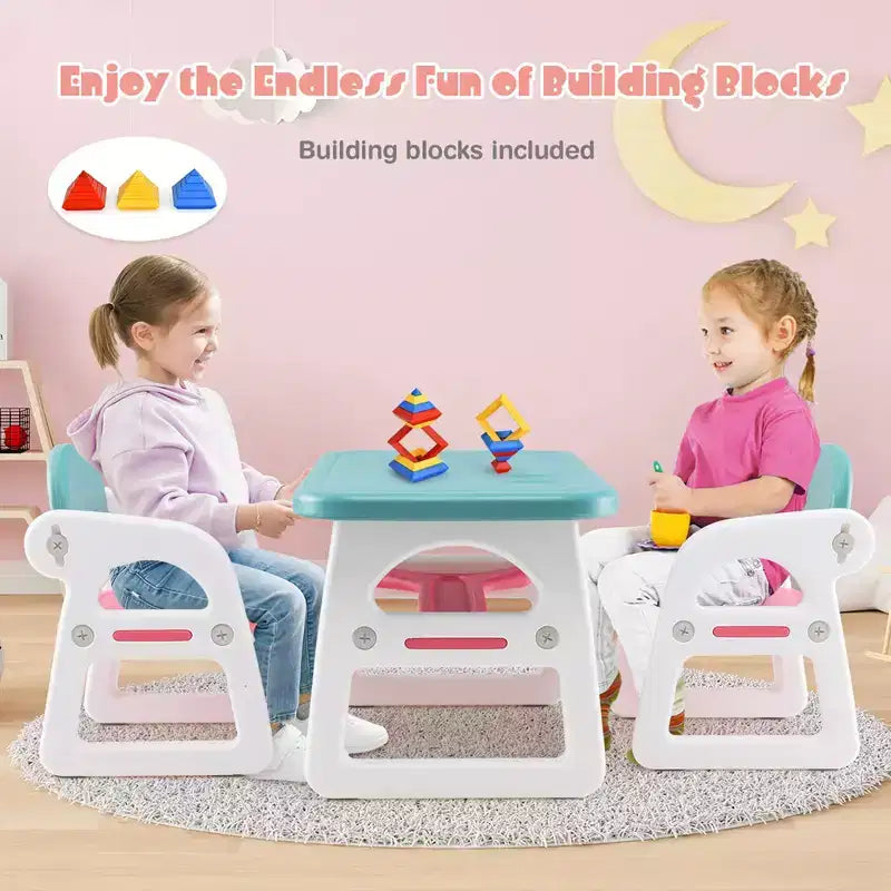 Costway 3-Piece Kids Table and Chair Set Toddler Activity Study Desk with Building Blocks