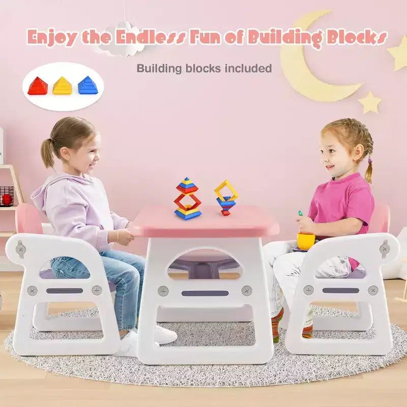 Costway 3-Piece Kids Table and Chair Set Toddler Activity Study Desk with Building Blocks