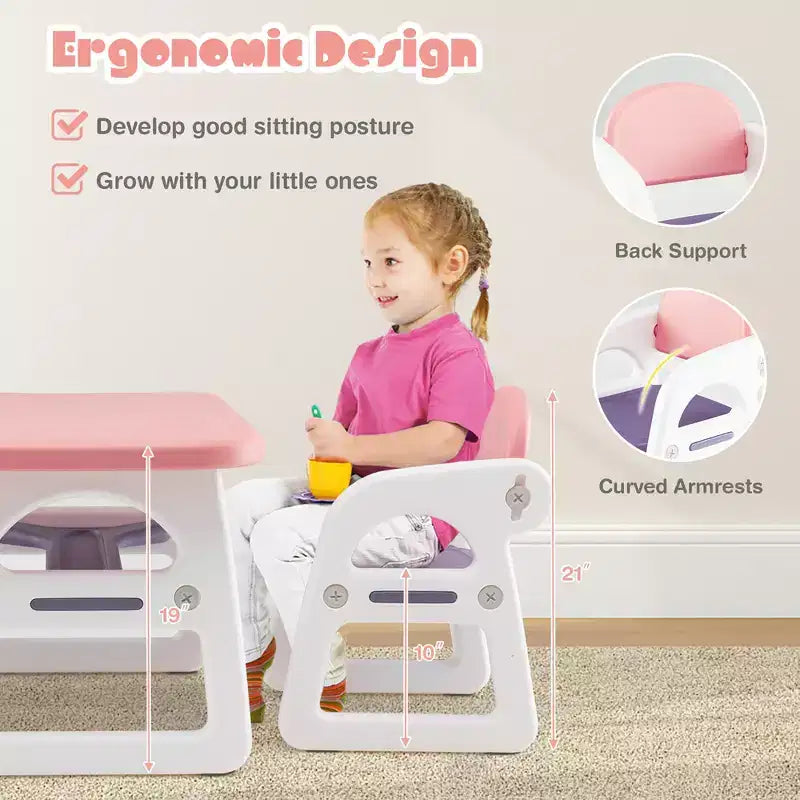 Costway 3-Piece Kids Table and Chair Set Toddler Activity Study Desk with Building Blocks