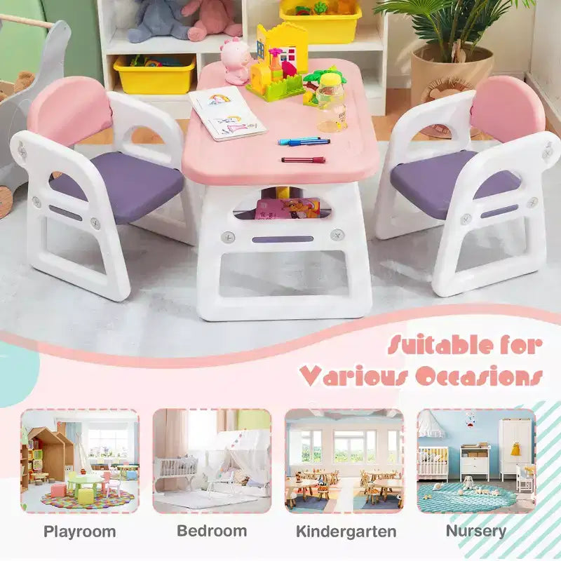 Costway 3-Piece Kids Table and Chair Set Toddler Activity Study Desk with Building Blocks