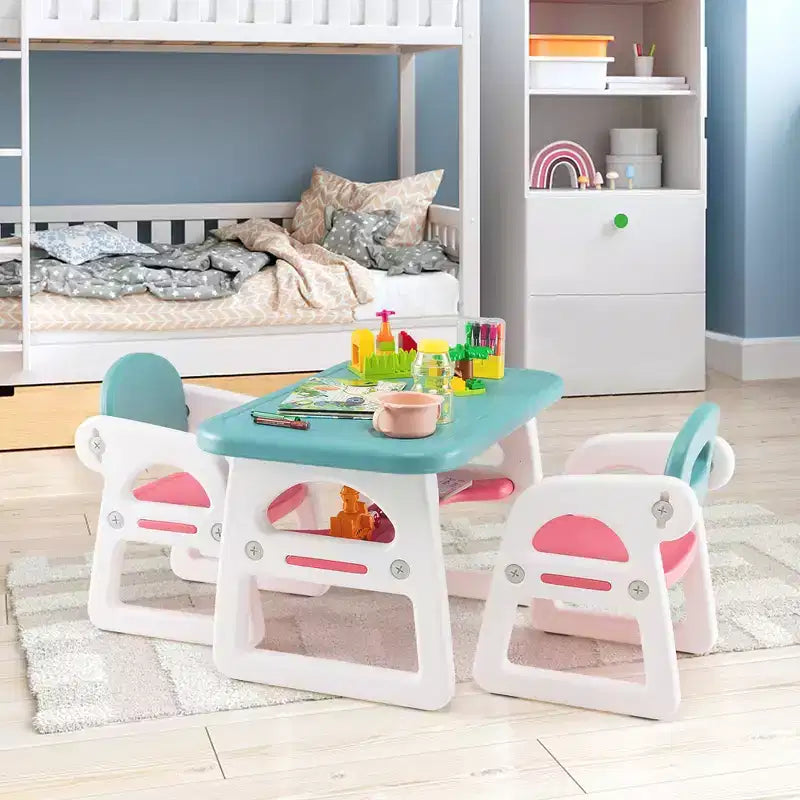 Costway 3-Piece Kids Table and Chair Set Toddler Activity Study Desk with Building Blocks