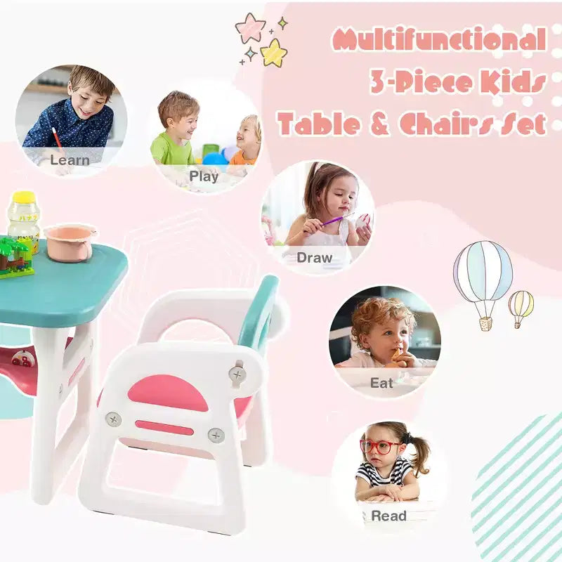 Costway 3-Piece Kids Table and Chair Set Toddler Activity Study Desk with Building Blocks