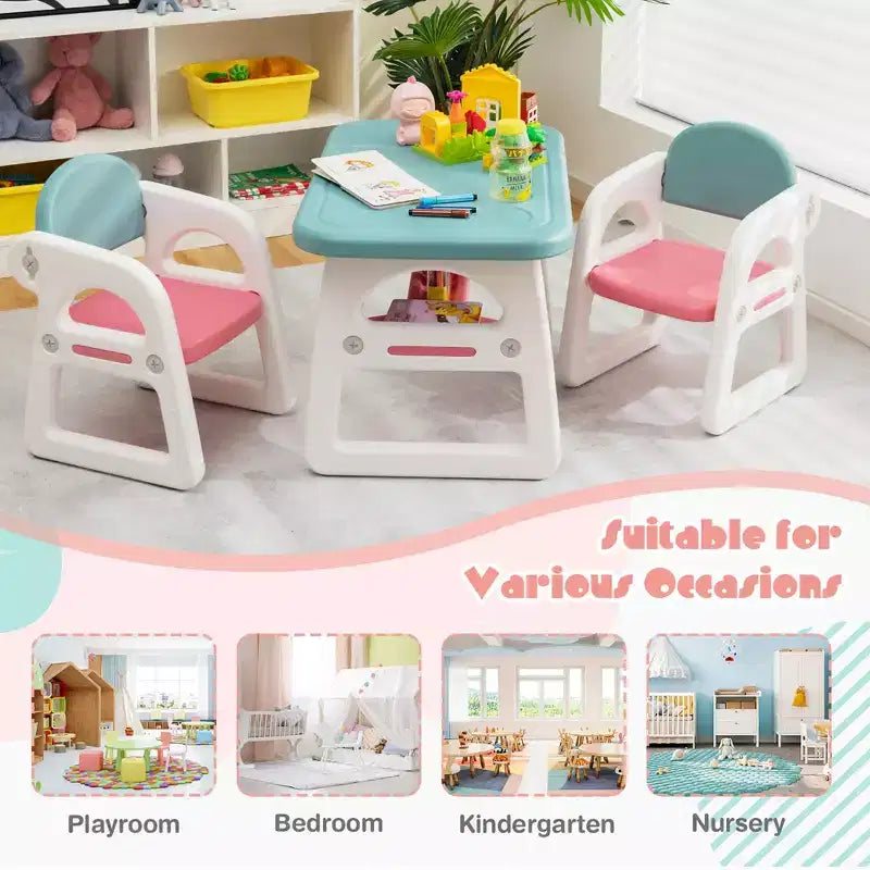Costway 3-Piece Kids Table and Chair Set Toddler Activity Study Desk with Building Blocks