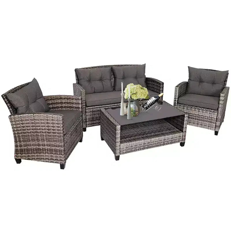 Costway 4PCS/8PCS Patio Rattan Furniture Set Coffee Table Cushioned Sofa Garden Lawn Gray