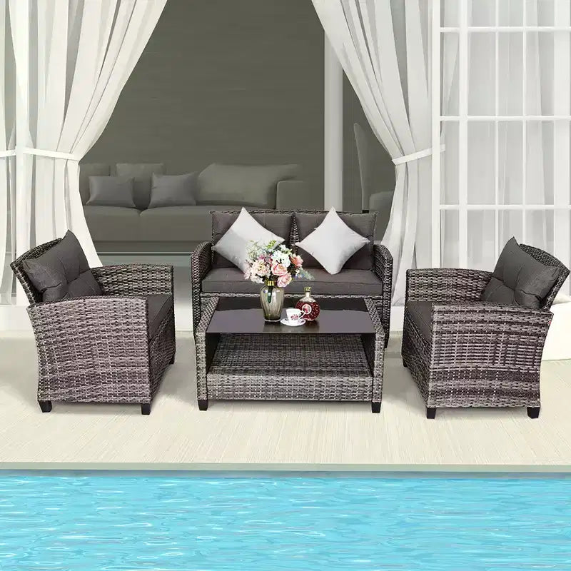Costway 4PCS/8PCS Patio Rattan Furniture Set Coffee Table Cushioned Sofa Garden Lawn Gray
