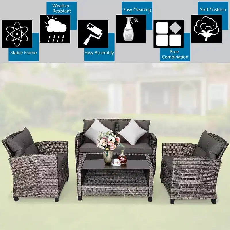 Costway 4PCS/8PCS Patio Rattan Furniture Set Coffee Table Cushioned Sofa Garden Lawn Gray