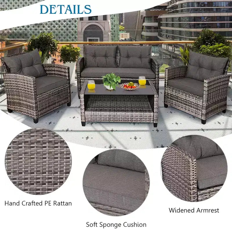 Costway 4PCS/8PCS Patio Rattan Furniture Set Coffee Table Cushioned Sofa Garden Lawn Gray