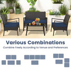Costway Ensemble de Meubles de Patio en Rotin 4 Pièces avec Canapé Rembourré, Accoudoir, Table Basse, Bleu Marine