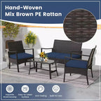 Costway Ensemble de Meubles de Patio en Rotin 4 Pièces avec Canapé Rembourré, Accoudoir, Table Basse, Bleu Marine