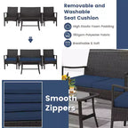 Costway Ensemble de Meubles de Patio en Rotin 4 Pièces avec Canapé Rembourré, Accoudoir, Table Basse, Bleu Marine