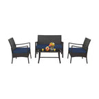 Costway Ensemble de Meubles de Patio en Rotin 4 Pièces avec Canapé Rembourré, Accoudoir, Table Basse, Bleu Marine