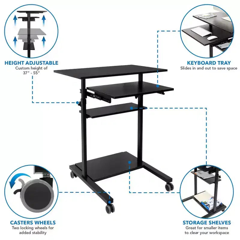 Mount-It! Mobile Standing Desk w/ Retractable Keyboard Platform | Height Adjustable Stand Up Computer Workstation | Locking Wheels | 99 Lbs. Capacity