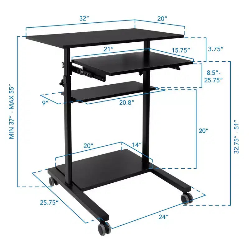 Mount-It! Mobile Standing Desk w/ Retractable Keyboard Platform | Height Adjustable Stand Up Computer Workstation | Locking Wheels | 99 Lbs. Capacity