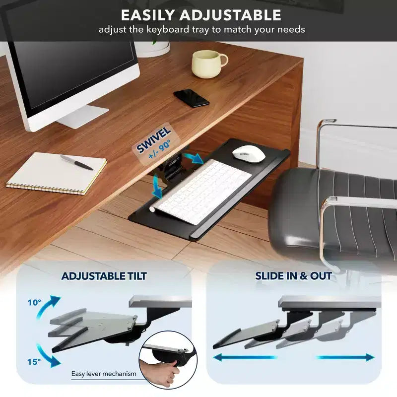 Mount-It! Tiroir et plateforme de souris pour clavier sous le bureau | Plateau de clavier ergonomique avec repose-poignet en gel | Rail de 17 pouces peu encombrant | Noir