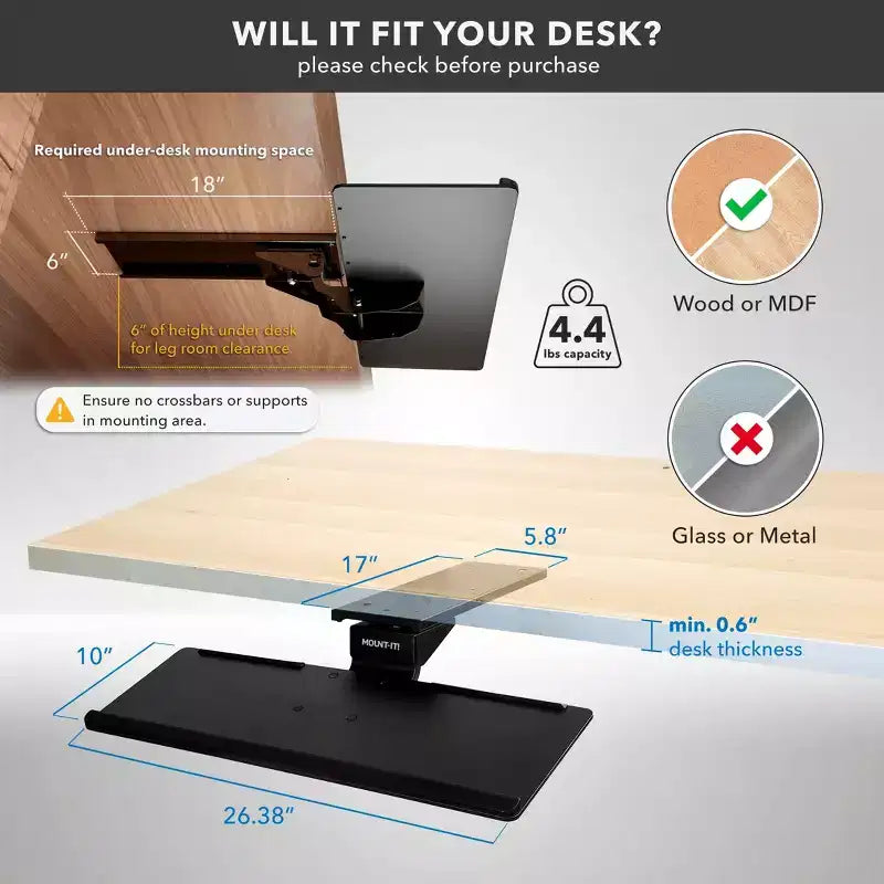 Mount-It! Tiroir et plateforme de souris pour clavier sous le bureau | Plateau de clavier ergonomique avec repose-poignet en gel | Rail de 17 pouces peu encombrant | Noir