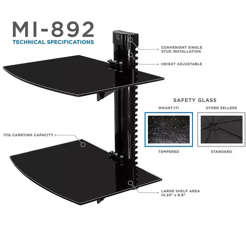 Mount-It! Floating Wall Mounted Shelf Bracket Stand for AV Receiver, Component, Cable Box, PlayStation5, Projector | 2 Black Tinted Tempered Glasses