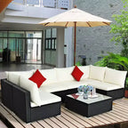 Costway Salon de Jardin en Résine Tressée 7 Pièces Canapés Modulables avec Coussins Déhoussables Blanc Cassé et Gris