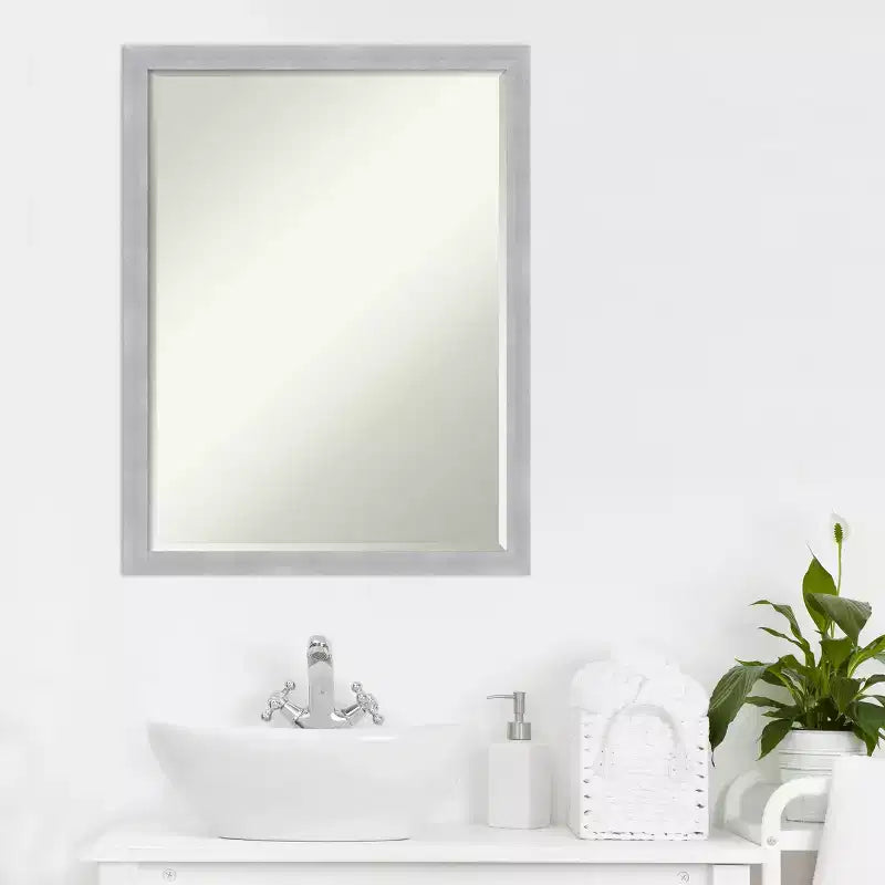 Amanti Art Grace Brushed Narrow Petite Bevel Bathroom Wall Mirror
