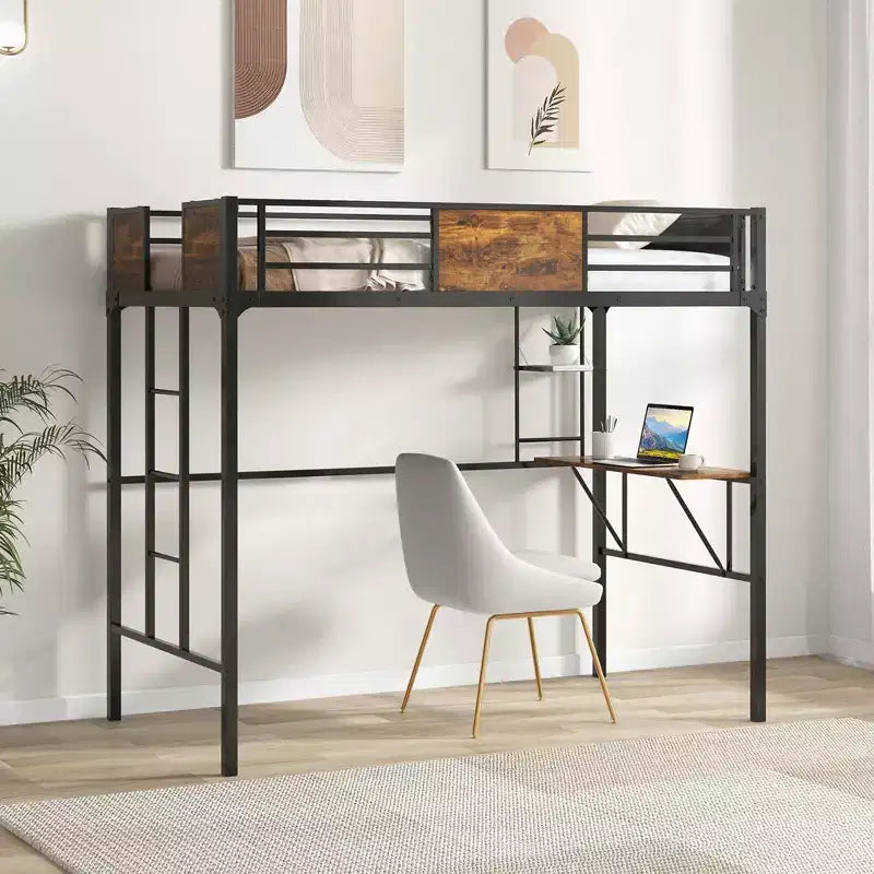 Lit mezzanine Costway pour deux personnes avec bureau et étagère, garde-corps de sécurité et échelle, gain de place