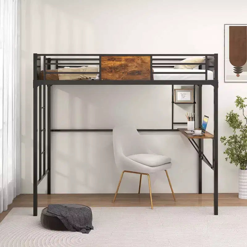 Lit mezzanine Costway pour deux personnes avec bureau et étagère, garde-corps de sécurité et échelle, gain de place