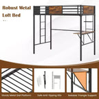Lit mezzanine Costway pour deux personnes avec bureau et étagère, garde-corps de sécurité et échelle, gain de place