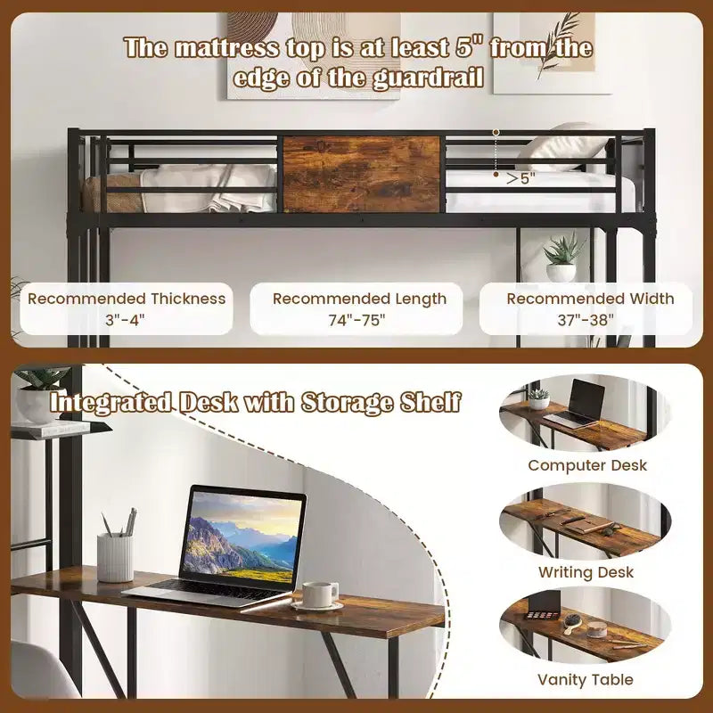 Lit mezzanine Costway pour deux personnes avec bureau et étagère, garde-corps de sécurité et échelle, gain de place