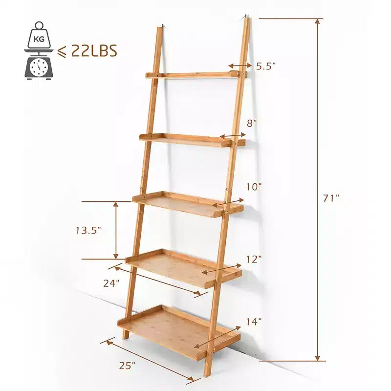 Costway 5-Tier Ladder Shelf Bamboo Bookshelf Wall-Leaning Storage Display Plant Stand
