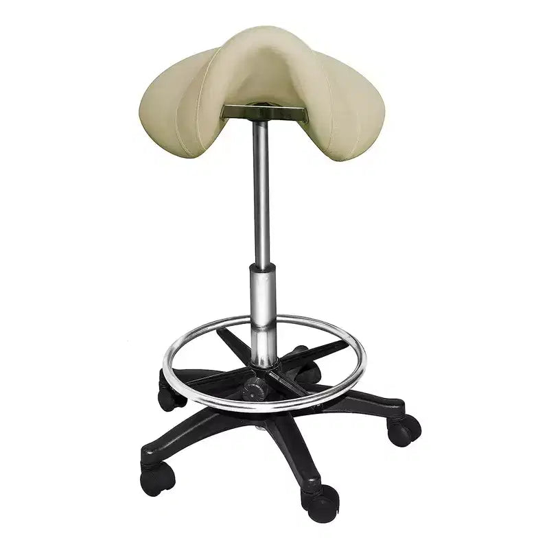 PureSana Chromium Professional James 360-Degree Full Rotational Saddle Cutting Stool with Adjustable Air Life Mechanism & Wheel Casters, Tan