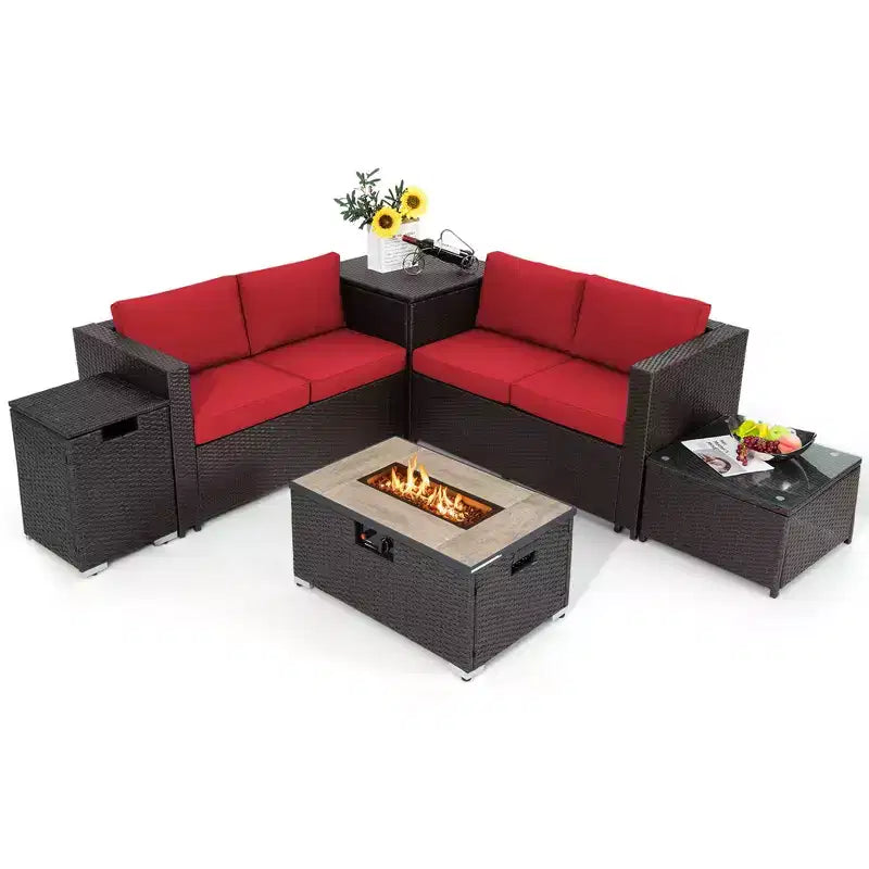 Costway 6PCS Patio Rattan Furniture Set 32'' Fire Pit Table Tank Holder with Cover Beige/Navy/Red/Turquoise