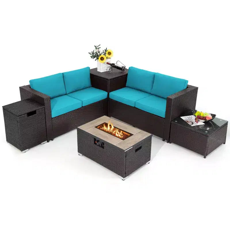 Costway 6PCS Patio Rattan Furniture Set 32'' Fire Pit Table Tank Holder with Cover Beige/Navy/Red/Turquoise