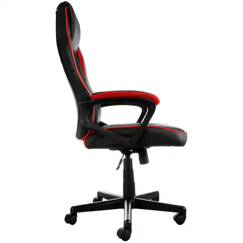 Chaise de bureau Elama dossier haut réglable en similicuir avec maille et tissu noir et garniture rouge