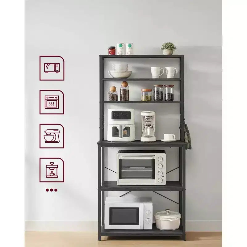 VASAGLE Étagère de Boulanger, Support de Four à Micro-ondes, Meuble de Rangement Haut de Cuisine, 6 Crochets et Cadre Métallique