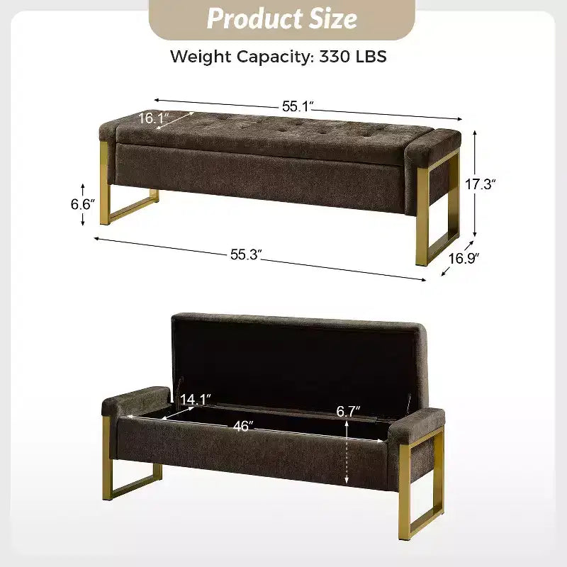 Banc de rangement Octavio 55.3 avec dessus à charnière rembourré moderne et pieds en métal|ART OF LIVING DESIGNS