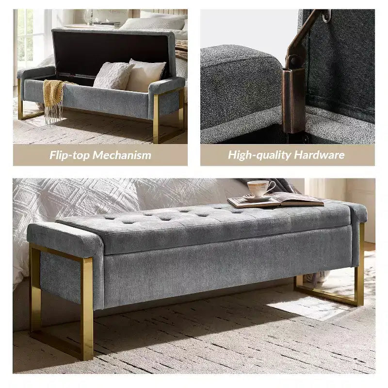 Banc de rangement Octavio 55.3 avec dessus à charnière rembourré moderne et pieds en métal|ART OF LIVING DESIGNS