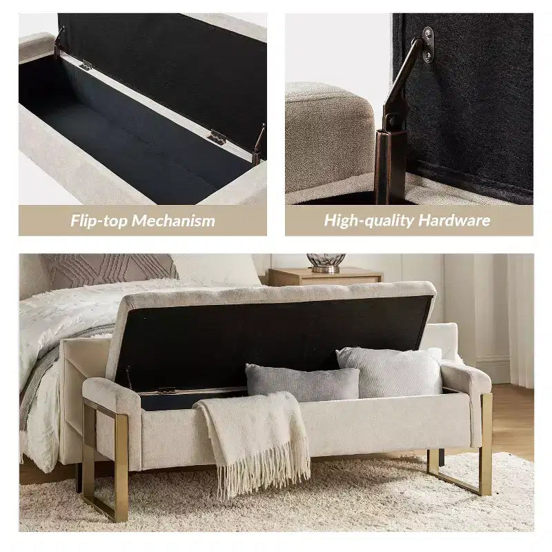 Banc de rangement Octavio 55.3 avec dessus à charnière rembourré moderne et pieds en métal|ART OF LIVING DESIGNS