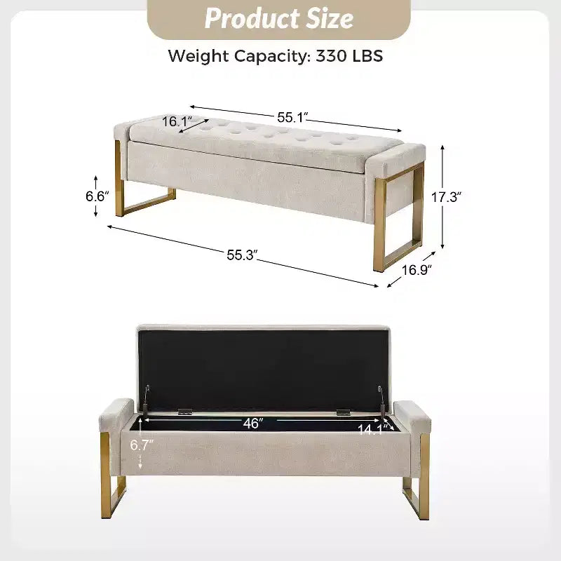Banc de rangement Octavio 55.3 avec dessus à charnière rembourré moderne et pieds en métal|ART OF LIVING DESIGNS