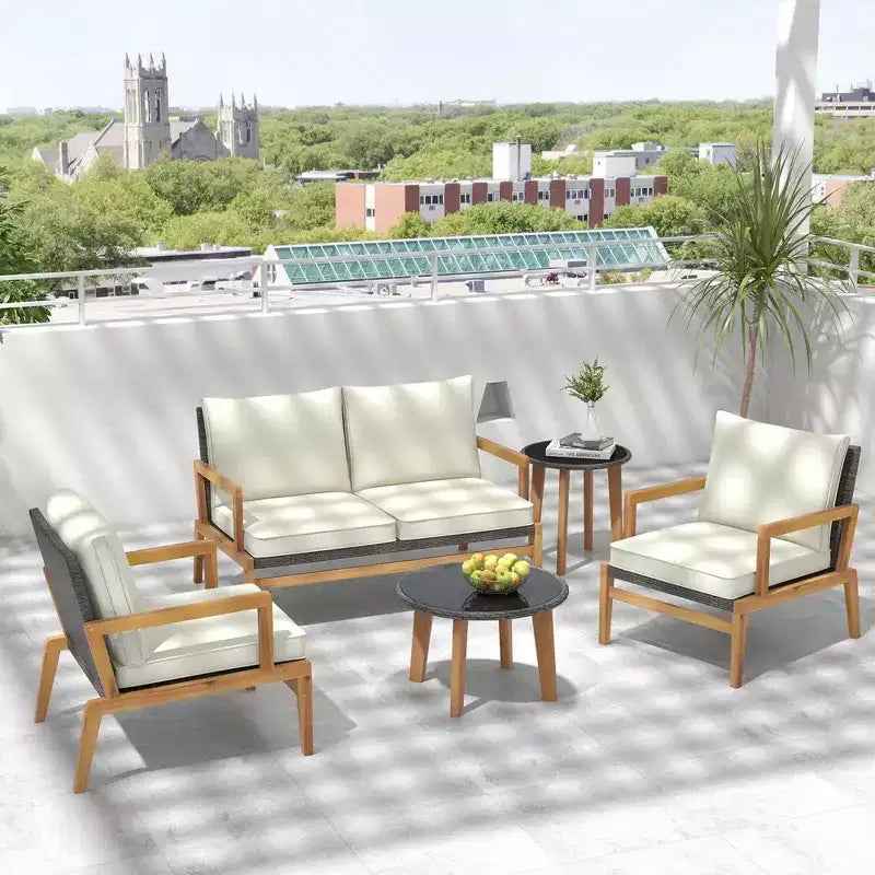 Costway 5 Piece Rattan Furniture Set Wicker Woven Sofa Set with Solid Acacia Wood Frame