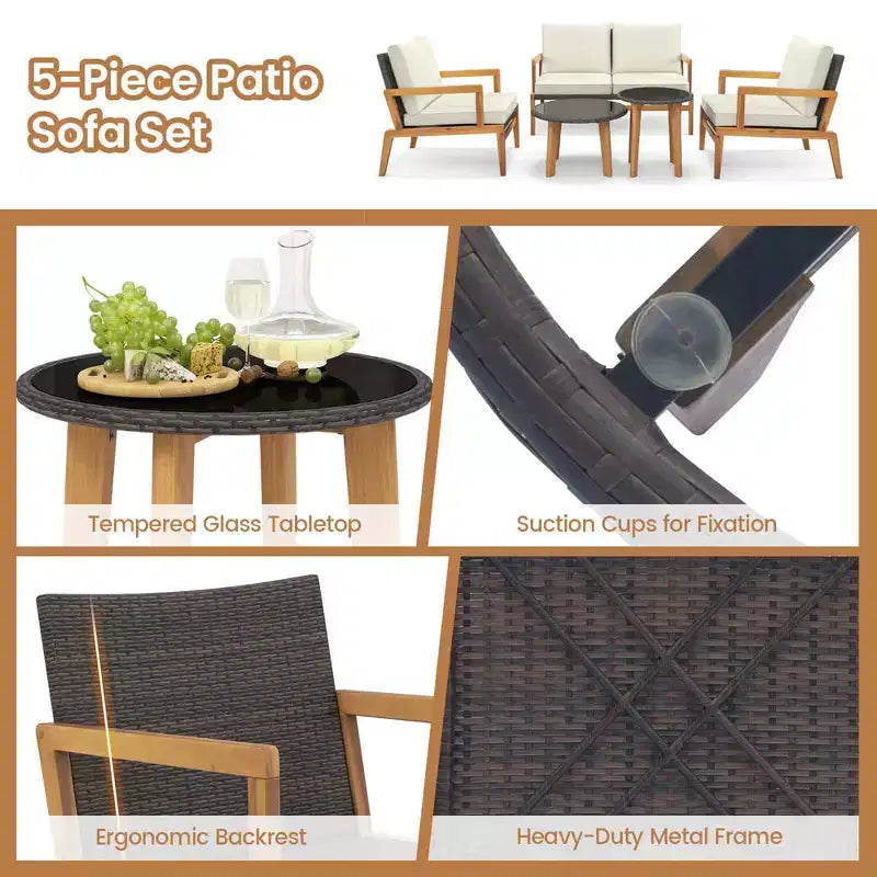Costway 5 Piece Rattan Furniture Set Wicker Woven Sofa Set with Solid Acacia Wood Frame
