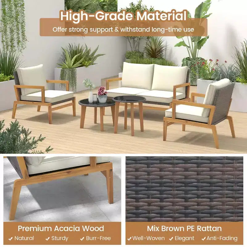 Costway 5 Piece Rattan Furniture Set Wicker Woven Sofa Set with Solid Acacia Wood Frame