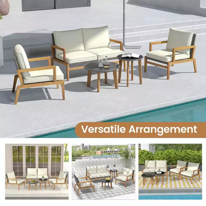 Costway 5 Piece Rattan Furniture Set Wicker Woven Sofa Set with Solid Acacia Wood Frame