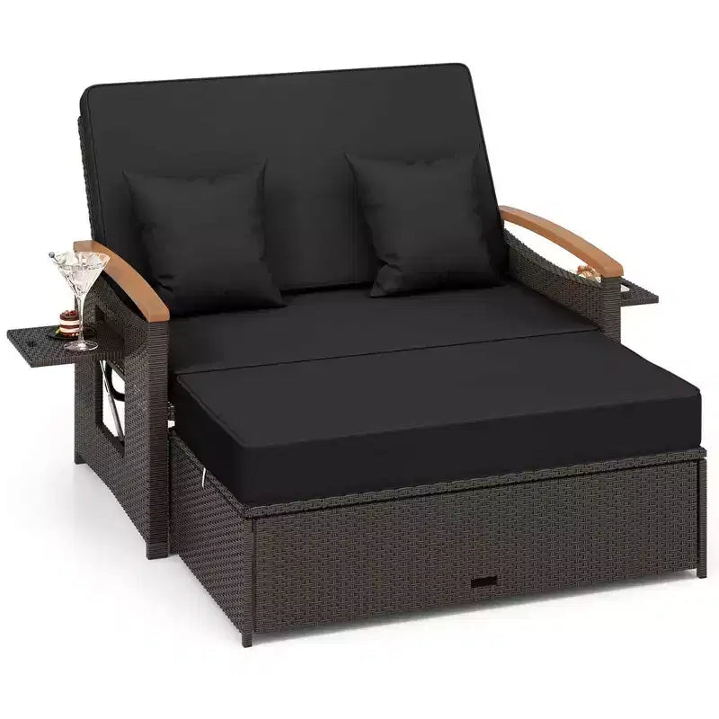 Costway Patio Rattan Daybed Set with Cushioned Loveseat & Storage Ottoman for Porch Beige/Navy/Red/Turquoise/Black/Gray