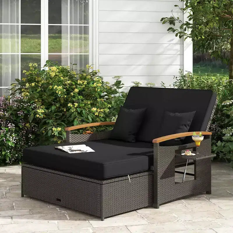 Costway Patio Rattan Daybed Set with Cushioned Loveseat & Storage Ottoman for Porch Beige/Navy/Red/Turquoise/Black/Gray
