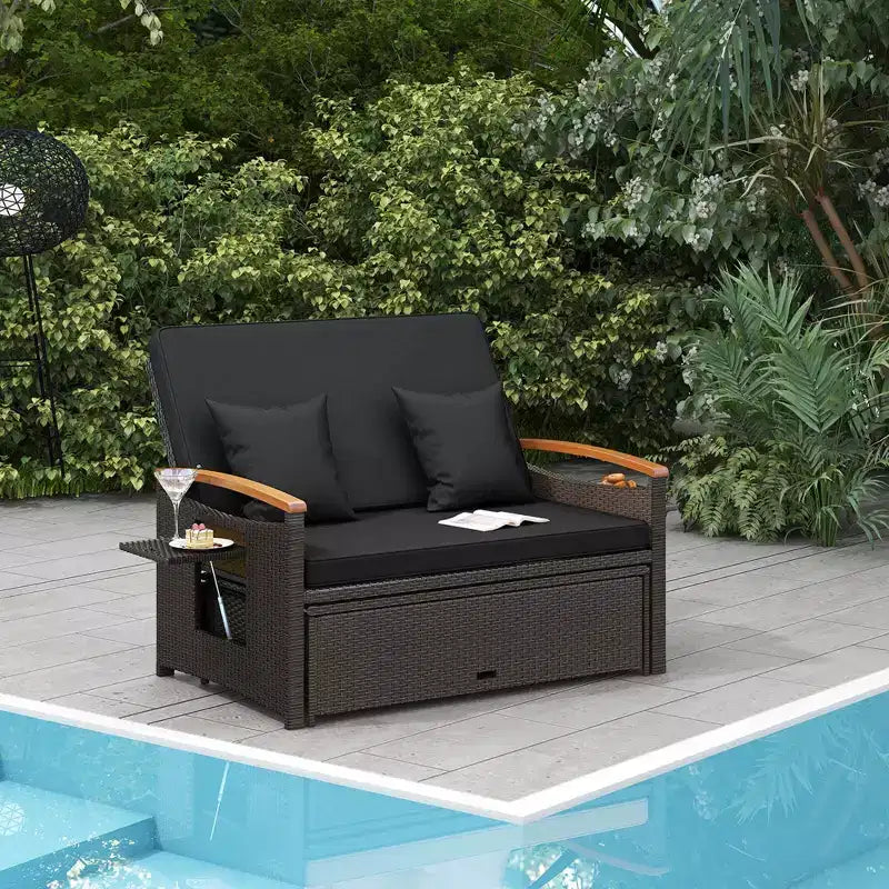 Costway Patio Rattan Daybed Set with Cushioned Loveseat & Storage Ottoman for Porch Beige/Navy/Red/Turquoise/Black/Gray
