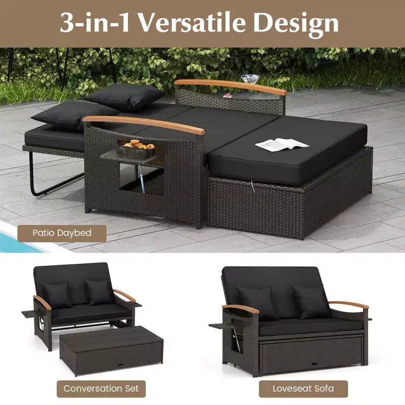 Costway Patio Rattan Daybed Set with Cushioned Loveseat & Storage Ottoman for Porch Beige/Navy/Red/Turquoise/Black/Gray