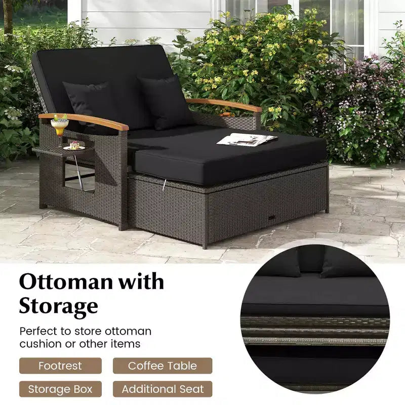 Costway Patio Rattan Daybed Set with Cushioned Loveseat & Storage Ottoman for Porch Beige/Navy/Red/Turquoise/Black/Gray