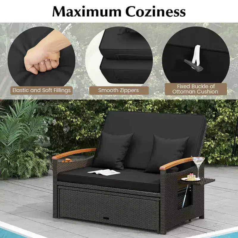Costway Patio Rattan Daybed Set with Cushioned Loveseat & Storage Ottoman for Porch Beige/Navy/Red/Turquoise/Black/Gray