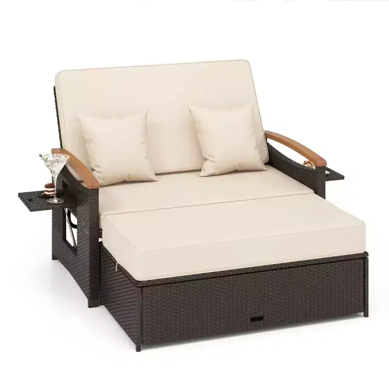 Costway Patio Rattan Daybed Set with Cushioned Loveseat & Storage Ottoman for Porch Beige/Navy/Red/Turquoise/Black/Gray